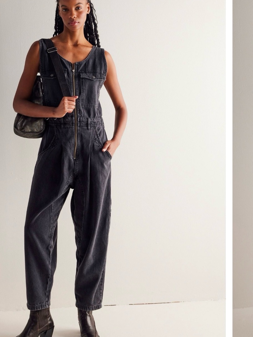 Free People Washed Black Denim Zip-Front Overalls